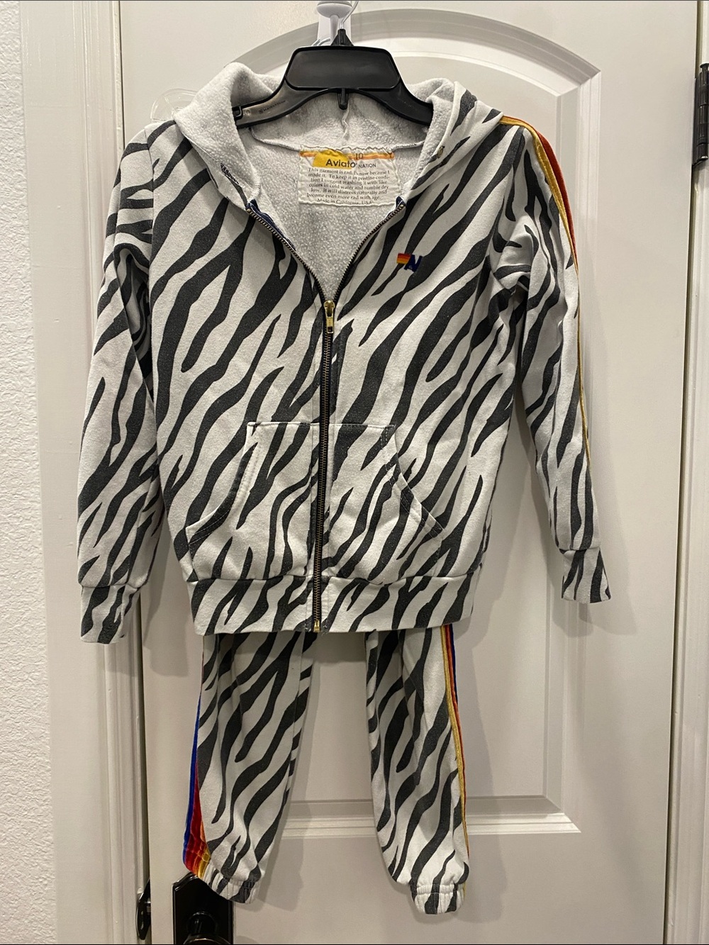 Aviator Nation Zebra Print Hoodie & Jogger Set with Rainbow Side Stripes
